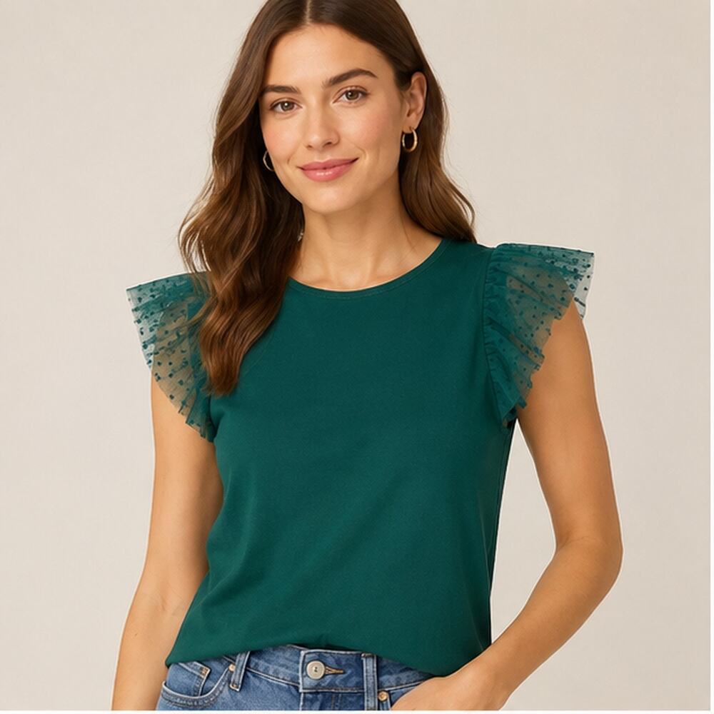 J.Crew Tank Top WMNS XXS Green Ruffle Tulle Polka Dot Cotton Romantic Preppy